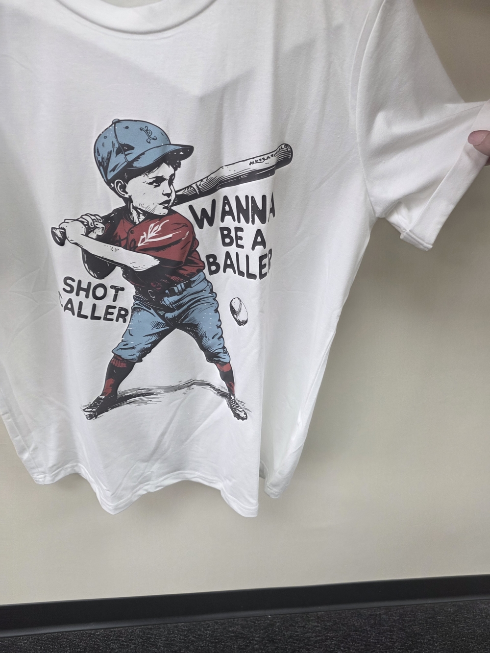 Kids White Graphic Tee - Wanna Be a Baller Baseball Design